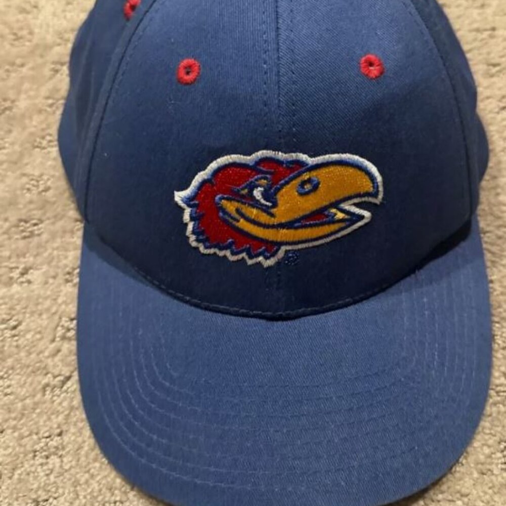 Vintage KU University of Kansas Jayhawks Logo Blue Hat Cap adjustable 90s RARE